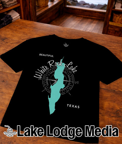 Black t-shirt with White Rock Lake map and "Lake Lodge Media" logo.