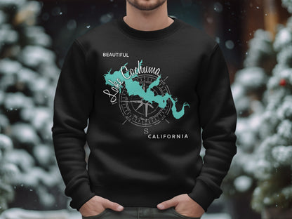 Black sweatshirt with "Beautiful Lake Cachuma California" map and compass graphic.