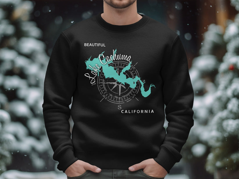 Black sweatshirt with "Beautiful Lake Cachuma California" map and compass graphic.