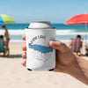 White can cooler with blue Oneida Lake map design featuring a compass rose and "New York".