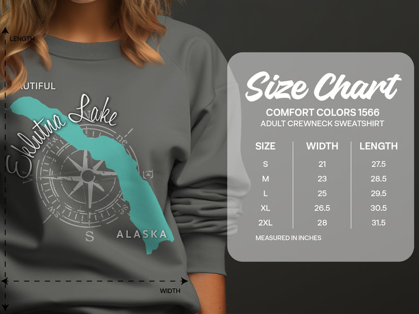Comfort Colors 1566 adult crewneck sweatshirt size chart with measurements.
