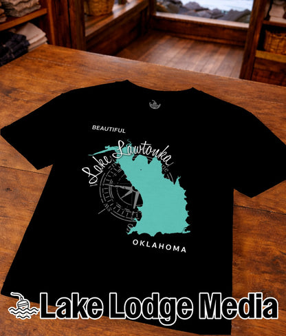 Black t-shirt with turquoise Lake Scranton, Oklahoma map and compass design.