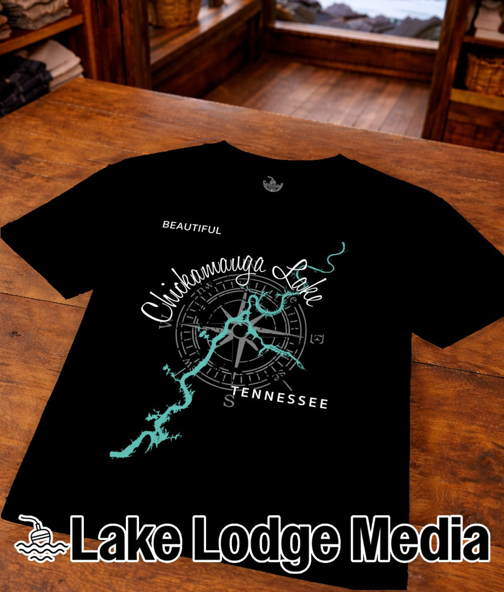 Black t-shirt with compass rose and "Chickamauga Lake Tennessee" text.