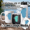 Lake Tahoe themed mug, tumbler, water bottle, and sticker with customizable text.