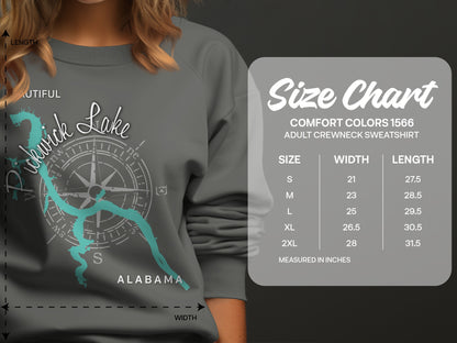 Sweatshirt size chart for Pickwick Lake, Alabama, with measurements.