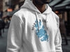 White hoodie with blue Webster Lake Massachusetts map graphic and compass rose.