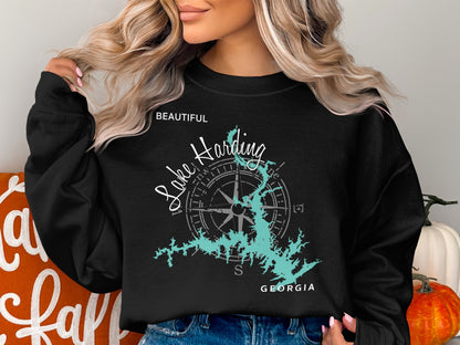 Black sweatshirt with "Lake Harding Georgia" and compass rose design.