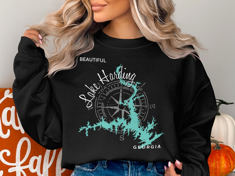 Black sweatshirt with "Lake Harding Georgia" and compass rose design.