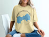 Light yellow t-shirt with "Diamond Valley Lake California" text and lake outline graphic.