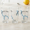 Three clear glasses with blue Pickwick Lake maps and compass designs.