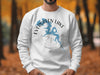 White crewneck sweatshirt with Evergreen Lake map graphic and compass rose design.