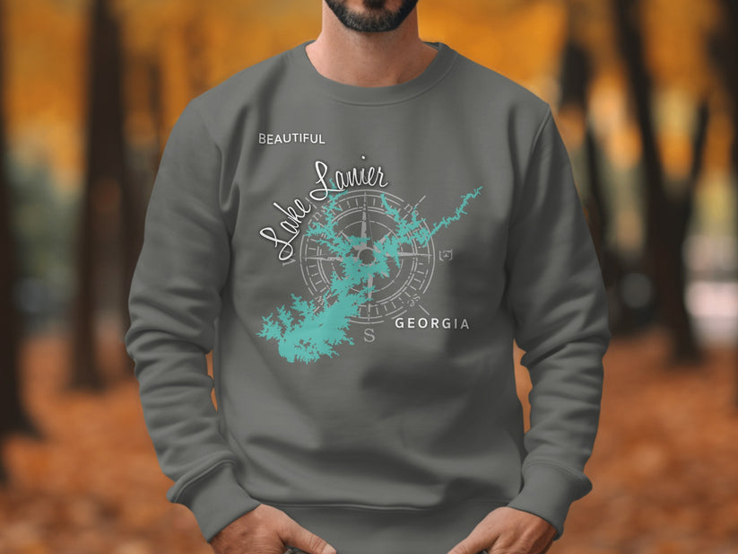 Grey sweatshirt with turquoise Lake Lanier map and compass design.