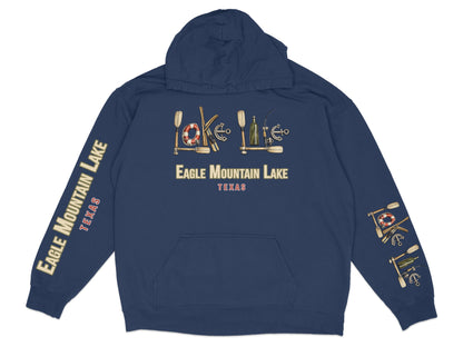 Navy blue hooded sweatshirt with Eagle Mountain Lake Texas graphic on chest and sleeves.