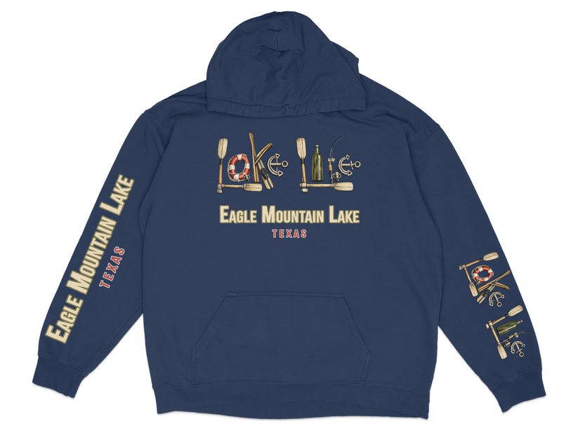 Navy blue hooded sweatshirt with Eagle Mountain Lake Texas graphic on chest and sleeves.
