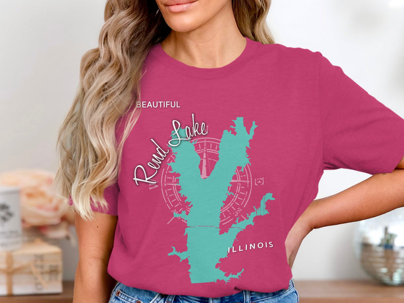 Pink t-shirt with "Rond Lake Illinois" and compass rose map design.