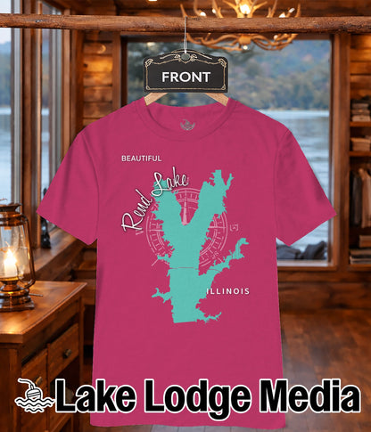 Pink t-shirt with "Rend Lake Illinois" map and compass graphic.