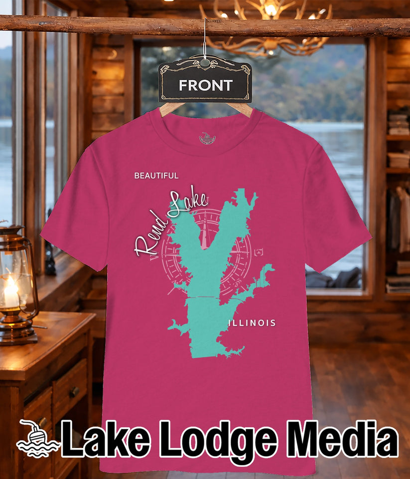 Pink t-shirt with "Rend Lake Illinois" map and compass graphic.