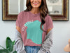 Dusty rose t-shirt with teal Red Lake Minnesota graphic and circular text.