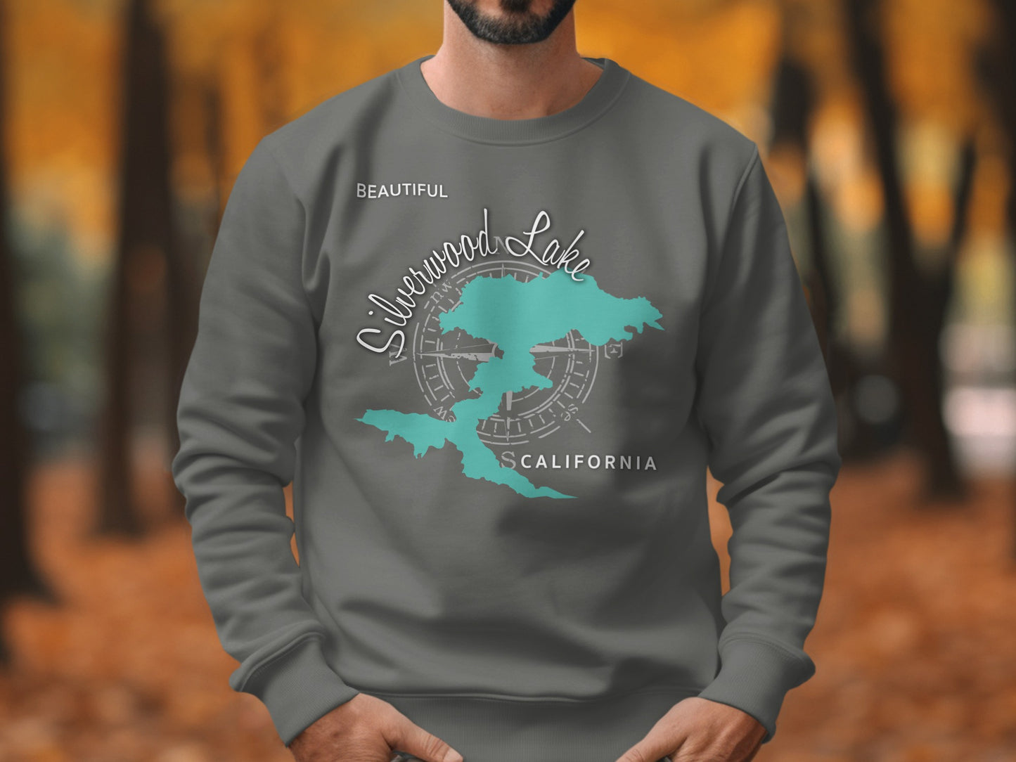Gray sweatshirt with "Silverwood Lake CALIFORNIA" map graphic and compass rose.