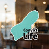 Teal "Convict Life" sticker with copyright Lake Lodge Media LLC.