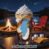 Glass of iced coffee with whipped cream, Wisconsin map overlay, campfire, and s'mores ingredients.