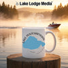 White mug with Lake Pontchartrain map and compass, steaming.