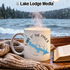 White mug with "Lake O' The Pines Texas" and a compass rose on it.