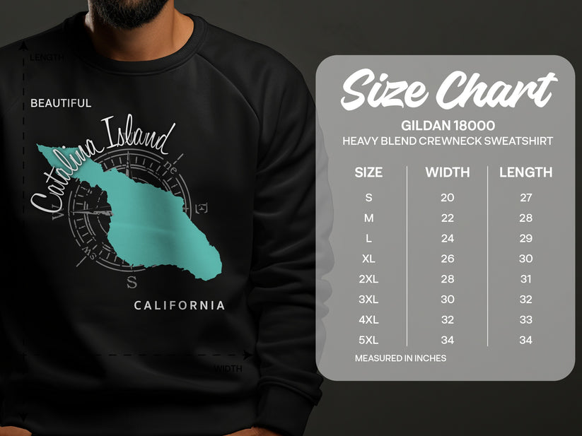 Sweatshirt with Catalina Island map and size chart.