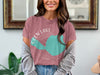 Rose pink t-shirt with teal Glen Lake Michigan map and compass design.
