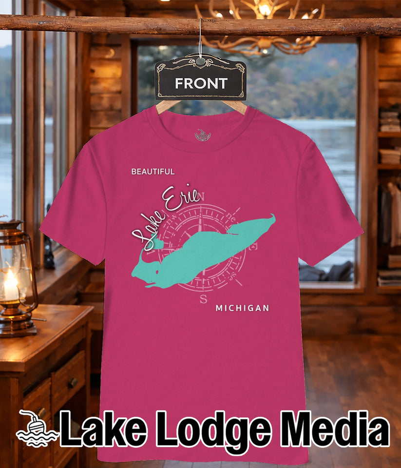 Pink t-shirt with "Lake Erie Michigan" and compass graphic.