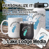 White mug, black tumbler, and white water bottle with Saratoga Lake graphic.