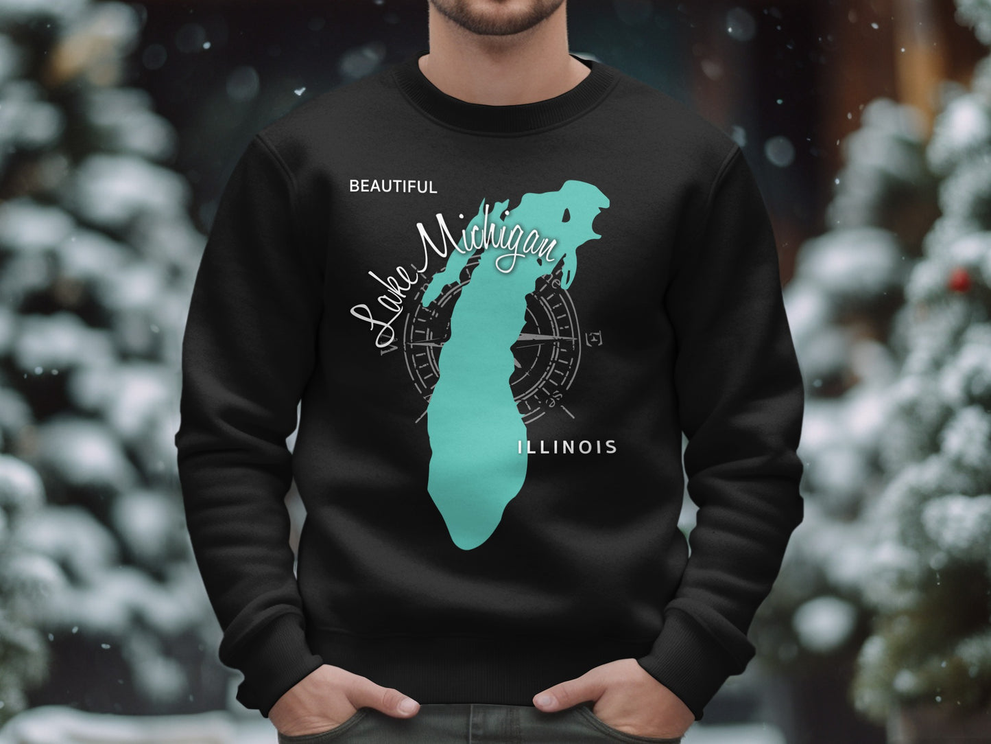 Black sweatshirt with teal Lake Michigan map and "Beautiful Illinois" text.