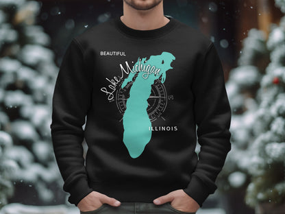 Black sweatshirt with teal Lake Michigan map and "Beautiful Illinois" text.