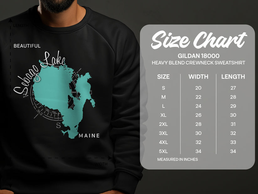 Sebago Lake, Maine graphic on a black sweatshirt with a size chart.