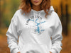 White hoodie with Lake Greeson Arkansas map and compass design.