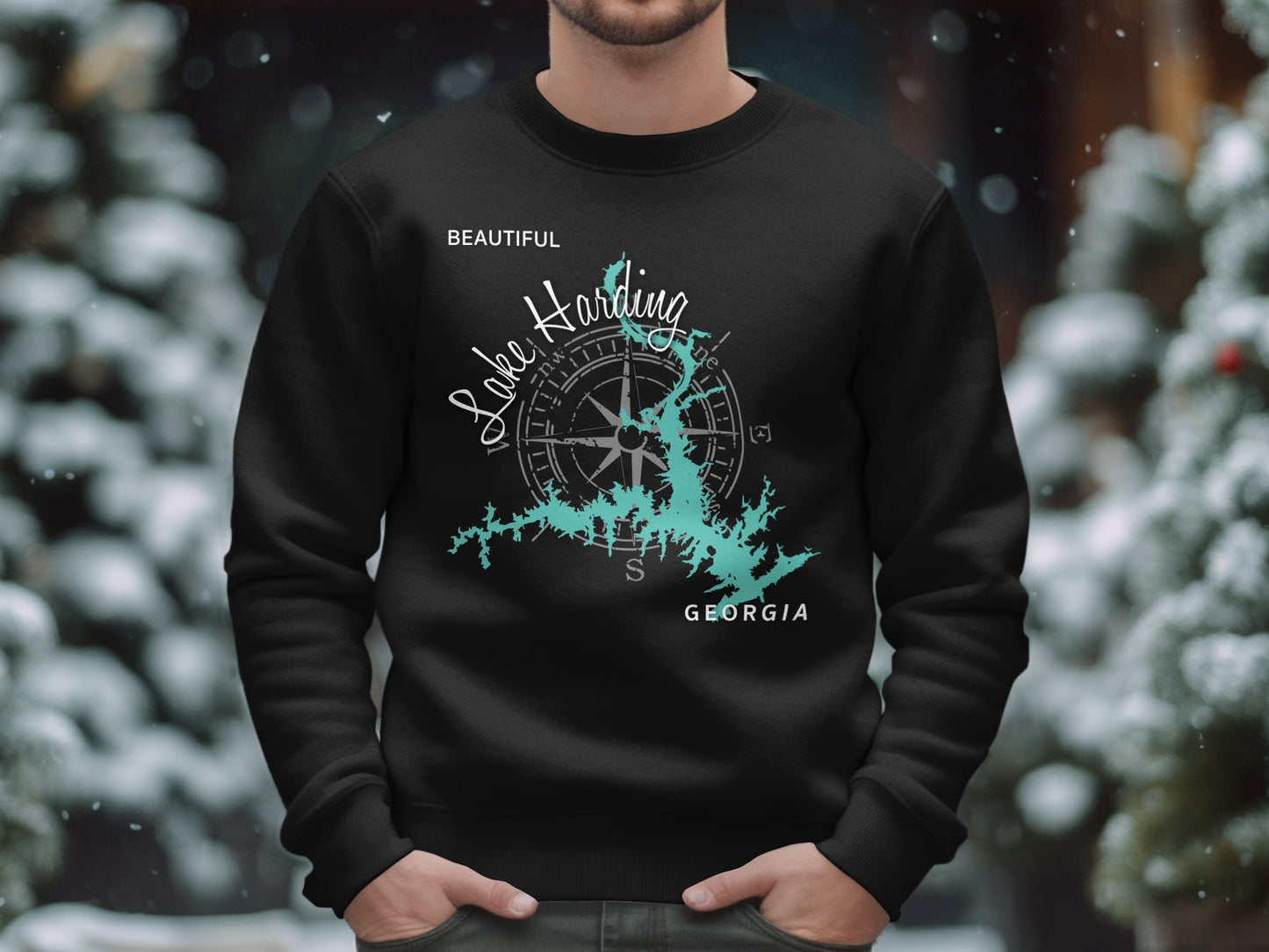 Black sweatshirt with Lake Harding map and compass graphic.