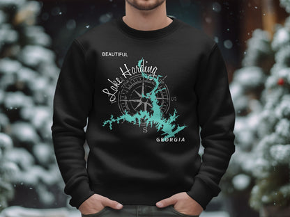 Black sweatshirt with Lake Harding map and compass graphic.