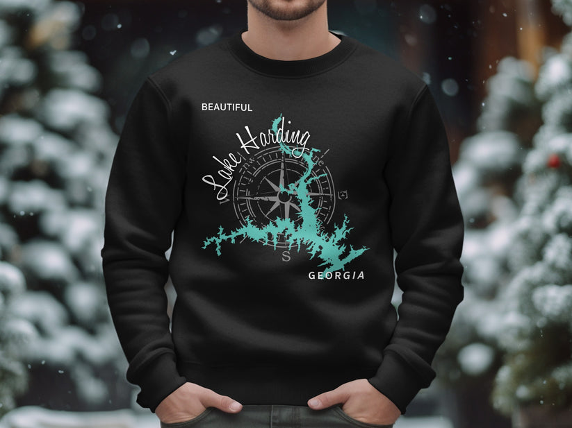 Black sweatshirt with Lake Harding map and compass graphic.