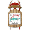 Wooden sled ornament with "Merry Christmas From Enid Lake" and lake outline.