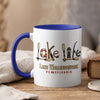 White mug with blue handle featuring "Lake life" and "Lake Wallenpaupack Pennsylvania".