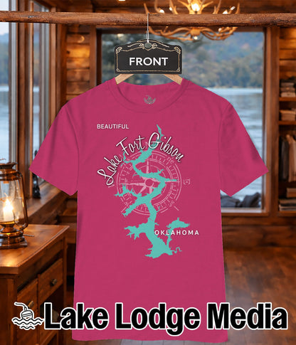 Pink t-shirt with a stylized map of Fort Gibson Lake, Oklahoma.