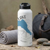 White water bottle with blue lake map, compass, and "LAKE" text.
