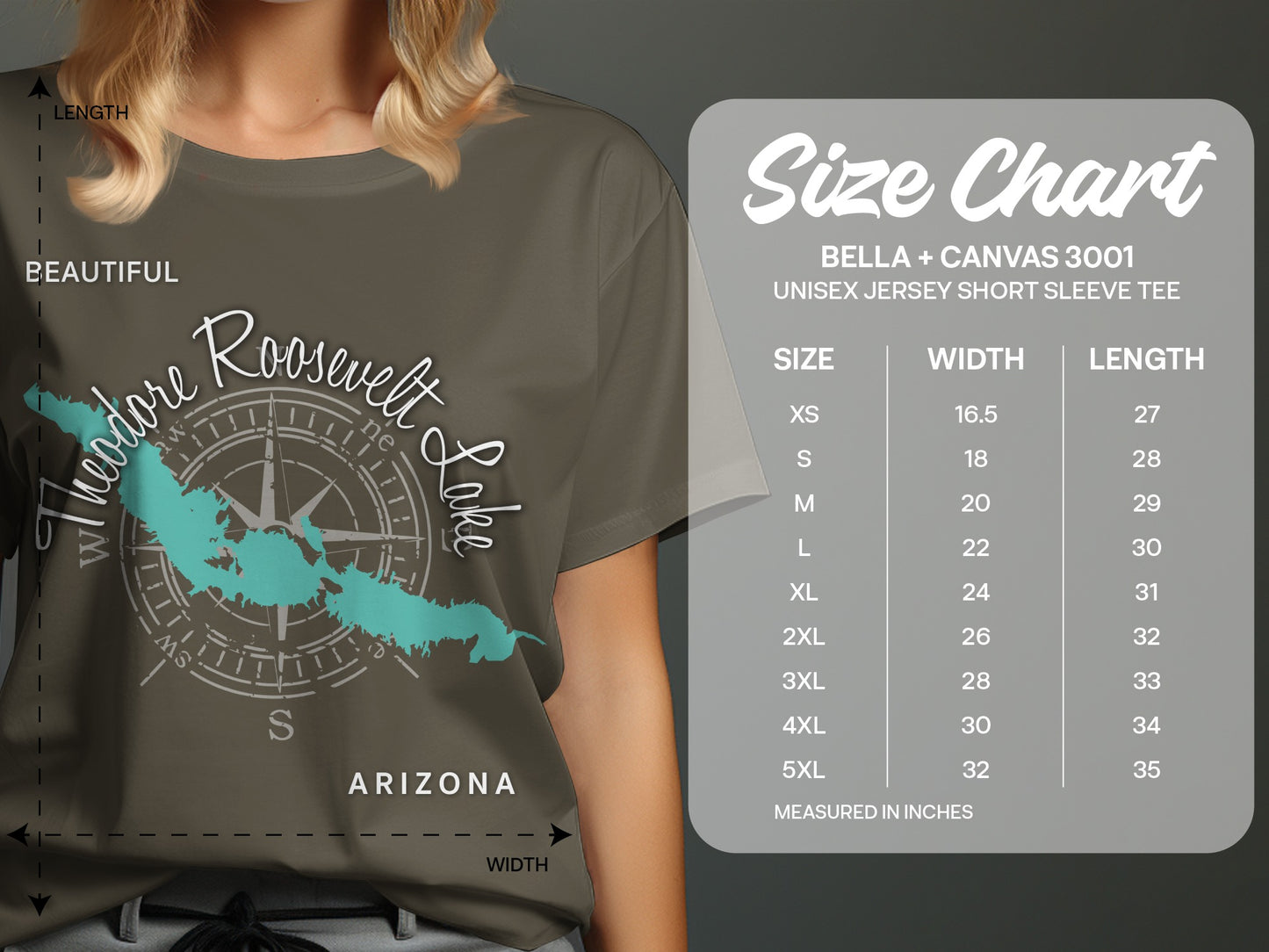Woman wearing a Roosevelt Lake Arizona t-shirt with size chart.