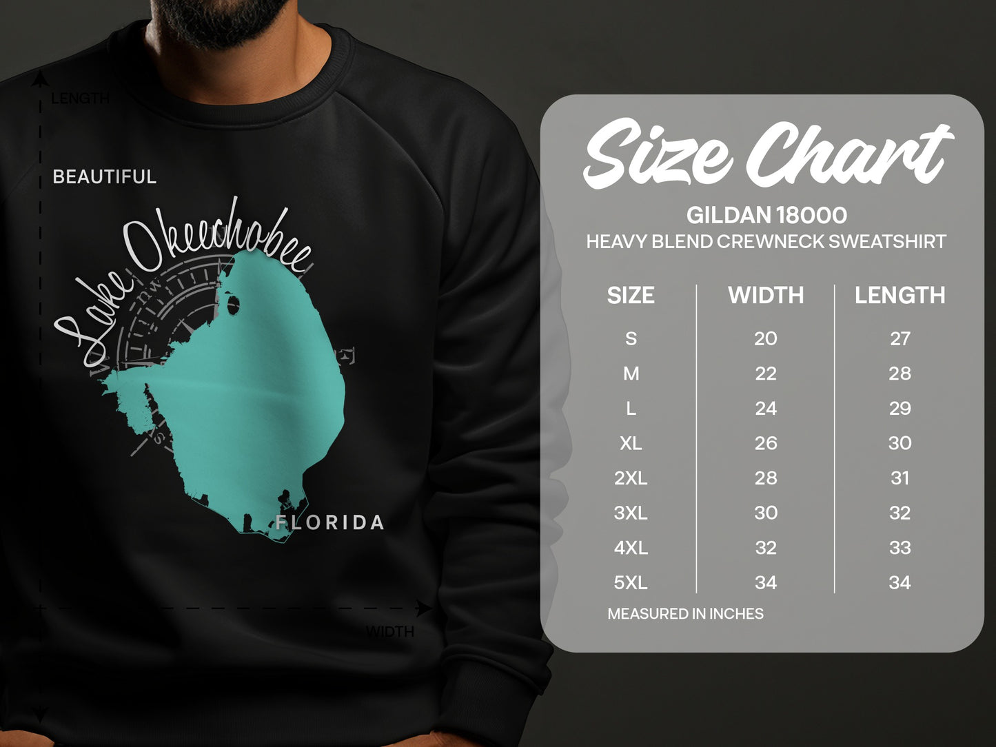 Black sweatshirt with Lake Okeechobee map and size chart for Gildan 18000.