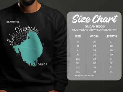 Black sweatshirt with Lake Okeechobee map and size chart for Gildan 18000.