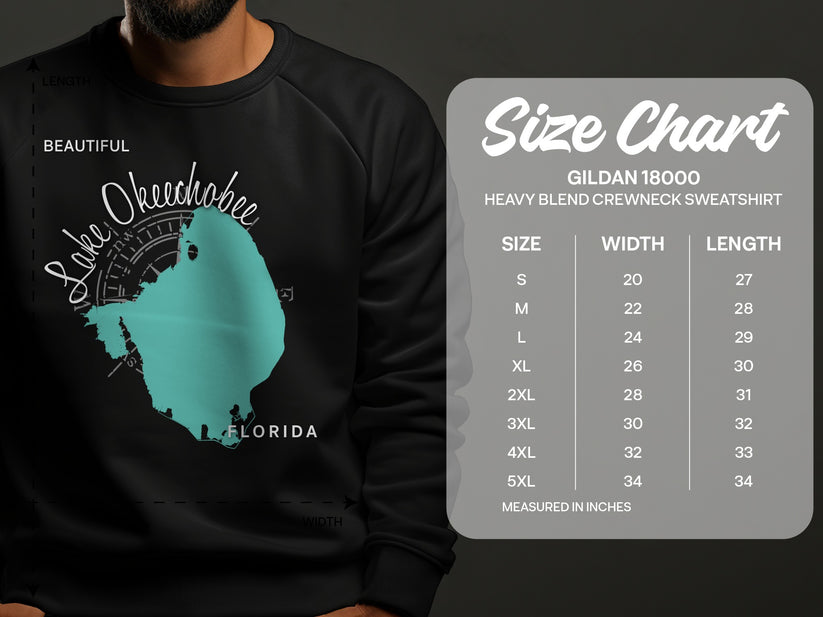 Black sweatshirt with Lake Okeechobee map and size chart for Gildan 18000.