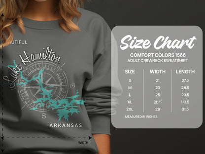 Lake Hamilton sweatshirt size chart with dimensions and measurements.