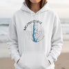 White hoodie with Mozingo Lake Missouri graphic and compass design.