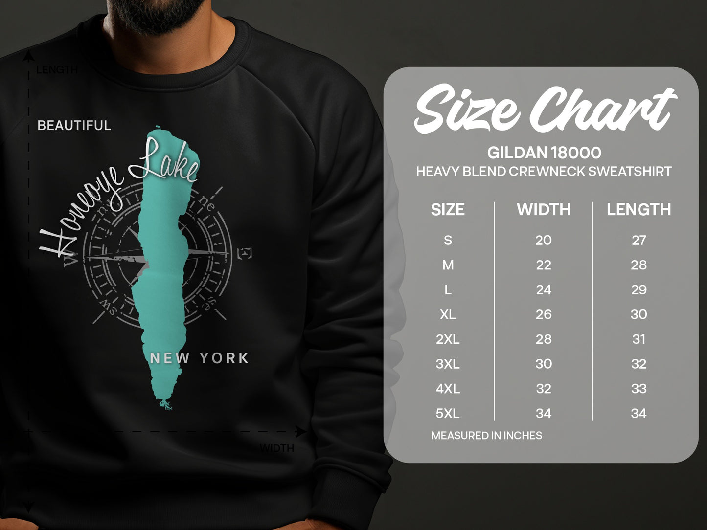 Honeoye Lake map graphic on a dark sweatshirt, with size chart.