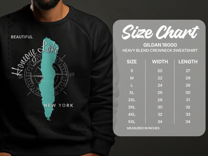Honeoye Lake map graphic on a dark sweatshirt, with size chart.